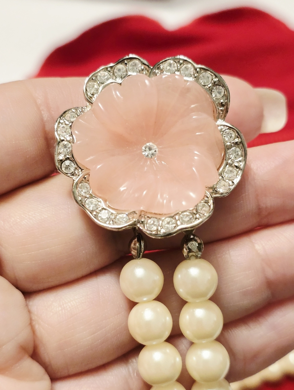 Vintage Kenneth Jay Lane KJL double strand pearl necklace pink flower clasp
